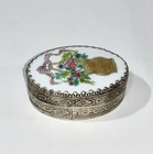 Vintage Hand Painted Floral Porcelain 925 Silver Plated Trinket Box Mirrored