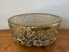 Vintage Gold Tone Filigree Roses Beveled Glass Footed Casket Jewelry trinket Box