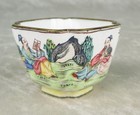 Chinese Canton Enamel Wine Cup 3 Figures Seated Blue Green Red Yellow