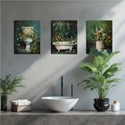 Framed Vintage Floral Bathroom Wall Art Set Of 3  Dark Green Moody Flower Canvas