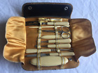 Vintage 1930s Manicure Grooming Set Kit 9 Piece Ivory Bakelite Bates Leather Usa