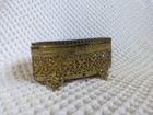 Antique Gold Filigree Jewelry Box With Amber Beveled Glass And Velvet Lining 