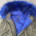 Vintage Womens Hooded Bomber Jacket Khaki Olive Blue Faux Fur Trim Size L 