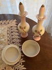 Lefton Floral Porcelain Glass Jars Powder Perfume Vanity Dresser Set Vtg 1940 s