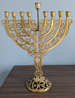 Vintage Oppenheim Brass Menorah Filigree Scroll Openwork Design 13 25  X 11 