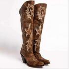 Womens Fashion Pu Leather Embroidered High Heel Over Knee Cowboy Boots Shoes