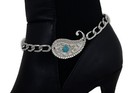 Women Silver Metal Chain Boot Bracelet Western Shoe Charm Paisley Anklet Set