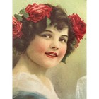 Antique Victorian Chimney Flue Cover Girl With Red Roses Lithograph Glass 7 5in