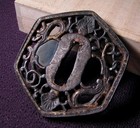 Antique Japanese Iron Nanban Tsuba Hexagonal Sukashi Gold Accents Guard