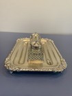 Antique Heavy Silverplate Stamped Inkstand W glass Inkwells 11 l X 8 w  3 Piece 