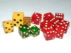 13 Vintage Assorted Bakelite Dice  Translucent Green  Red   Opaque Butterscotch