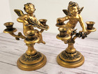 Brass Cherub Candlestick Holder Pair Heavy Hollywood Regency Vtg Felt Bottom