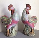 Nice Pair Large Antique Chinese Export Famille Rose Mirror Image Roosters