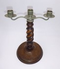 Barley Twist Oak Carved Wood   Pewter Candelabra Candle Holders Set 2