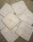 Vintage     Set Of 8 Off White Linen Blue Embroidered Tatting Doilies 5 5  Square 