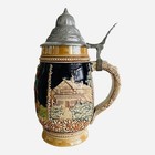 Vintage Authentic German Beer Stein 8 5    Ceramic Tankard With Silver Lid 0 8l Vg