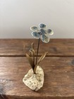 Vintage Modern Bovano Of Cheshire Blue Enamel Flower   Copper Sculpture On Rock
