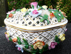 Vintage Reticulated Porcelain Jewelry Box With Beautiful Flowers And Gold Trim 