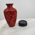Vintage Chinese Carved Cinnabar Lacquer Floral Vase Blue Enamel Wood Stand Brass