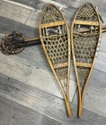 Vintage Antique Wooden Rawhide Snowshoes   Walking Poles Set Genuine - 10x36