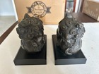 Pair Of Vintage Mcm Bronze brass Foo Dog Bookends On Wooden Stands