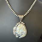 White Buffalo Turquoise Pendant Navajo Pearls Sterling Silver Necklace 19342