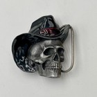 Vtg Bergamot Brass Works Skull Belt Buckle W  Black Cowboy Hat Red Trim Pewter