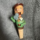 German Folk Art Hand Carved Wood Cork Wine Bottle Stopper Man Drinks Vintage