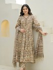 Beige Cotton Hand Block Anarkali Kurta Pant Set With Dupatta Women Ethnic Suit