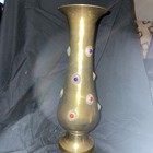 Vintage Brass Vase Inlaid Faux Turquoise Coral Stones Beaded Cabochons Decor