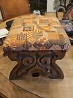 Antique Vintage Dutch  Carved  Wood Foot Stool 12  X 11  Folk Art Needlepoint 