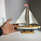 Vintage Handmade Wooden Sailboat Yacht Model Blue Black White Nautical Decor