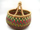 Bolga African Round Handwoven Market Basket Handle Green Pink Orange 8 5  Decor