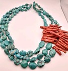 Vintage Sally C  Sterling Silver 3 Strand 925 Turquoise   Coral Necklace