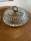 Vtg Pressed Glass Powder Jar With Lid   Brass Loop Handle Vanity Trinket Dish