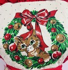 Vintage Full Bib Apron Red Christmas Cat Wreath Holiday  Cotton Pockets New 80s