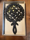Vintage 1950s  tulip  Black Cast Iron Trivet Footed W hearts Pattern 6x9 25 