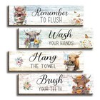Highland Cow Bathroom Wall Decor - Rustic 4 Piece Signs  Wash Hands  Brush 