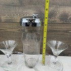 Vintage Chrome Starburst Cocktail Shaker Mid Century Barware And Martini Glasses