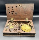 Antique Balance Scale In Wooden Case Brass Pans Weights Scientific Tool