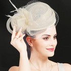 Woman Sinamay Fascinator Hat Pillbox Derby Hats Linen Feather Medium  Beige 