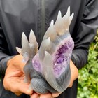 495g  Natural Purple Crystal Cave Hand Carving Nine Tailed Fox Gemstone Art