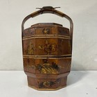 Vintage Asian Octagonal Wooden Wedding Basket 3-tier Hand Painted Bird