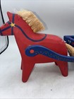 Vtg Dala Folkart Carved Wood Horse Fibre Tail Hand Paint Pull Cart 12x7   