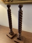 Antique Pair  2  English Oak Barley Twist Candlesticks 14  Carved Wood 