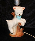 Vtg Lamb Sheep Nursery Lamp Baby Room Child Decor Ceramic Blue Bow 1950 s