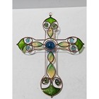 Stained Glass Cross Art Copper Wire Green Blue Center Stone Wall Hanging