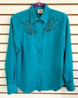 Vtg Women   s Rods Western Shirt Top Blouse Medium Dark Teal Blue Pearl Snaps