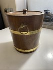 1960 s  Vtg Wooden Ice Bucket Metal Bands Brass Rings Lid   Liner 3bb