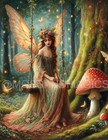 Forest Fairy On Swing  Mushroom  Whimsical Fantasy Vintage Painting Print Art